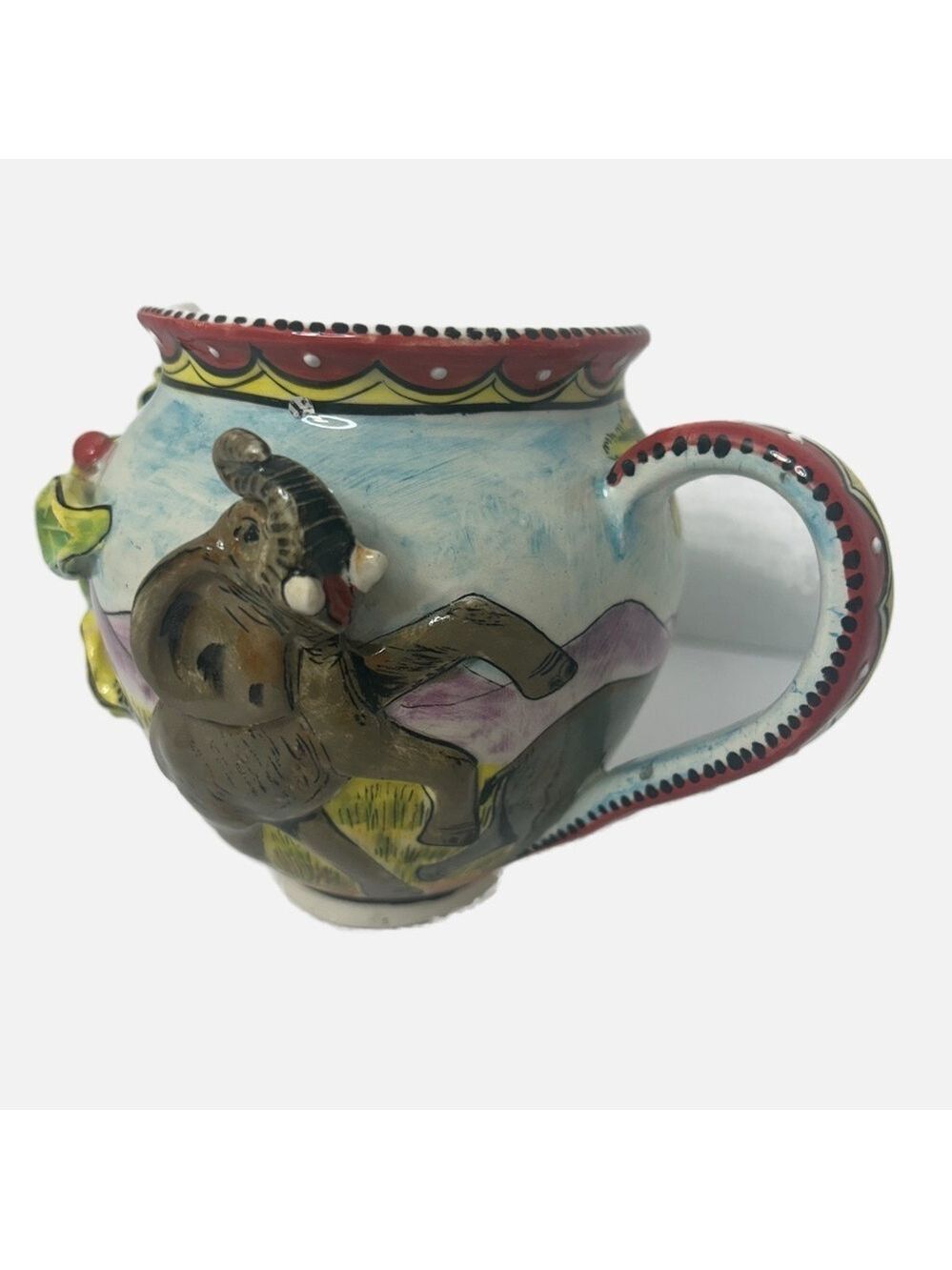 Studio Art Pottery Small Pitcher 3D Animals Leaves Folk Art Hand Painted Signed